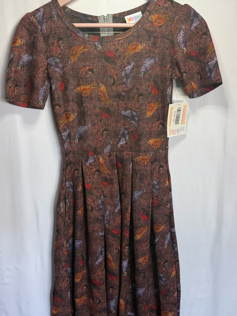 LuLaRoe Brown Midi Dress with Multicolor Bird Print